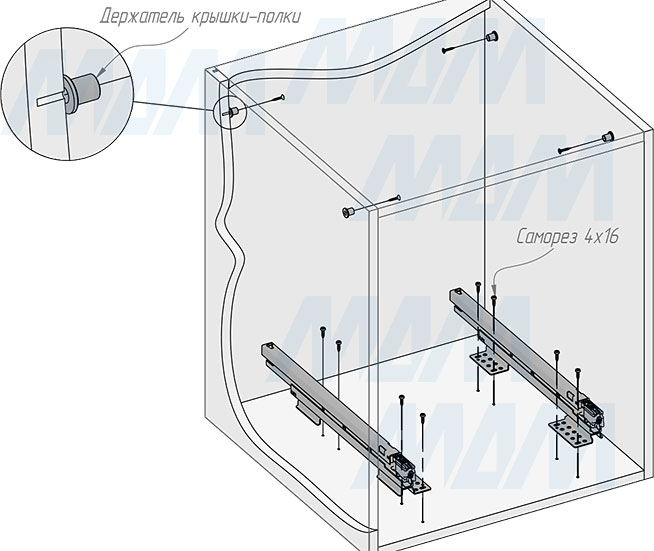 Установка системы KOMBI 2.0 M50W для фасадов шириной от 500 мм с 3 ведрами с крышкой-полкой для сортировки и хранения (артикул KOMBI2GME503SCGMRF), схема 3