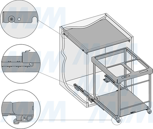 Установка системы KOMBI 2.0 M50W для фасадов шириной от 500 мм с 3 ведрами с крышкой-полкой для сортировки и хранения (артикул KOMBI2GME503SCGMRF), схема 4