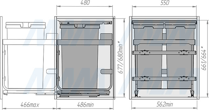Установка системы KOMBI 2.0 M60W для фасадов шириной от 600 мм с 2 ведрами (47+47 л) с крышкой-полкой для сортировки и хранения (артикул KOMBI2GME602ASCGMRF), схема 2