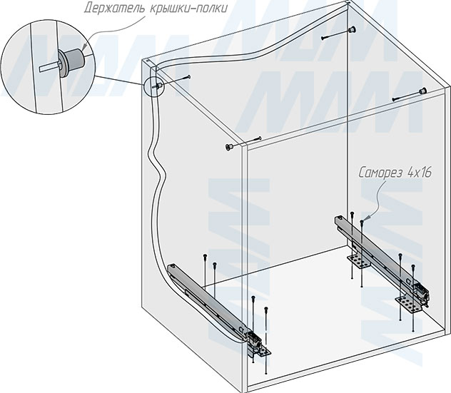 Установка системы KOMBI 2.0 M60W для фасадов шириной от 600 мм с 2 ведрами (47+47 л) с крышкой-полкой для сортировки и хранения (артикул KOMBI2GME602ASCGMRF), схема 3