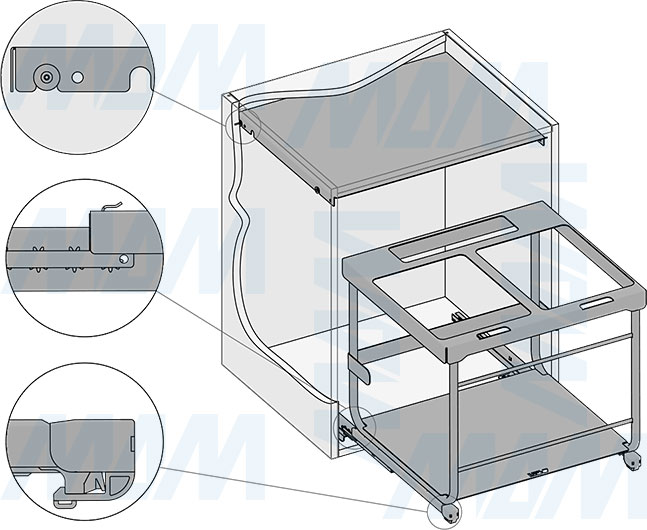 Установка системы KOMBI 2.0 M60W для фасадов шириной от 600 мм с 2 ведрами (47+47 л) с крышкой-полкой для сортировки и хранения (артикул KOMBI2GME602ASCGMRF), схема 4