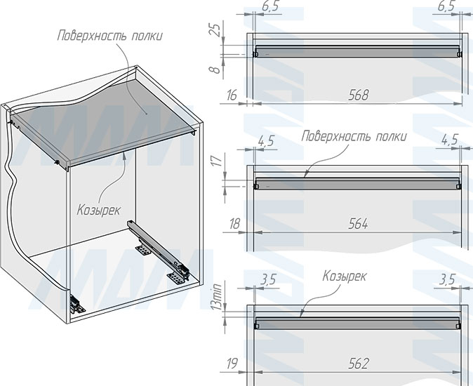 Установка системы KOMBI 2.0 M60W для фасадов шириной от 600 мм с 2 ведрами (47+47 л) с крышкой-полкой для сортировки и хранения (артикул KOMBI2GME602ASCGMRF), схема 7