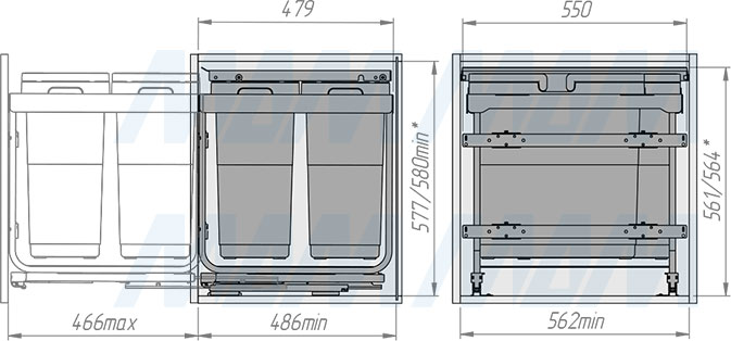 Установка системы KOMBI 2.0 M60W для фасадов шириной от 600 мм с 2 ведрами (33+33 л) с крышкой-полкой для сортировки и хранения (артикул KOMBI2GME602SCGMRF), схема 2
