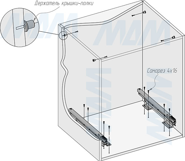 Установка системы KOMBI 2.0 M60W для фасадов шириной от 600 мм с 2 ведрами (33+33 л) с крышкой-полкой для сортировки и хранения (артикул KOMBI2GME602SCGMRF), схема 3