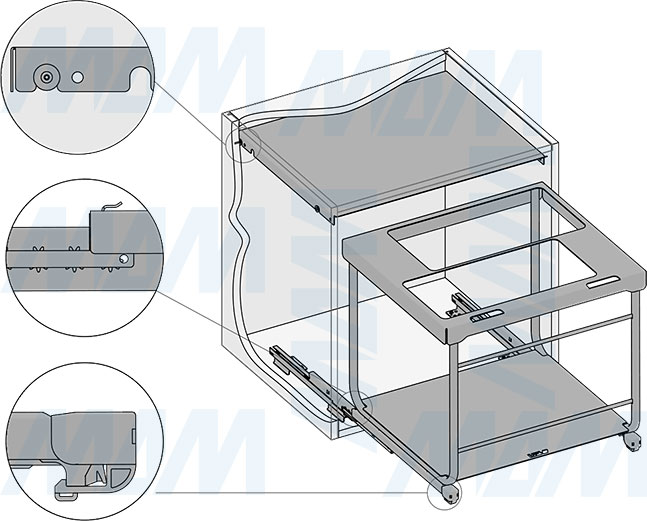 Установка системы KOMBI 2.0 M60W для фасадов шириной от 600 мм с 2 ведрами (33+33 л) с крышкой-полкой для сортировки и хранения (артикул KOMBI2GME602SCGMRF), схема 4