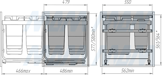 Установка системы KOMBI 2.0 M60W для фасадов шириной от 600 мм с 4 ведрами с крышкой-полкой для сортировки и хранения (артикул KOMBI2GME604SCGMRF), схема 2