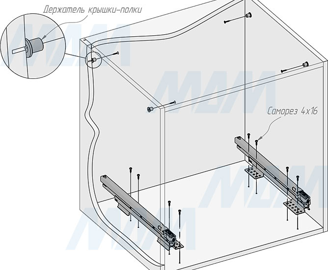 Установка системы KOMBI 2.0 M60W для фасадов шириной от 600 мм с 4 ведрами с крышкой-полкой для сортировки и хранения (артикул KOMBI2GME604SCGMRF), схема 3