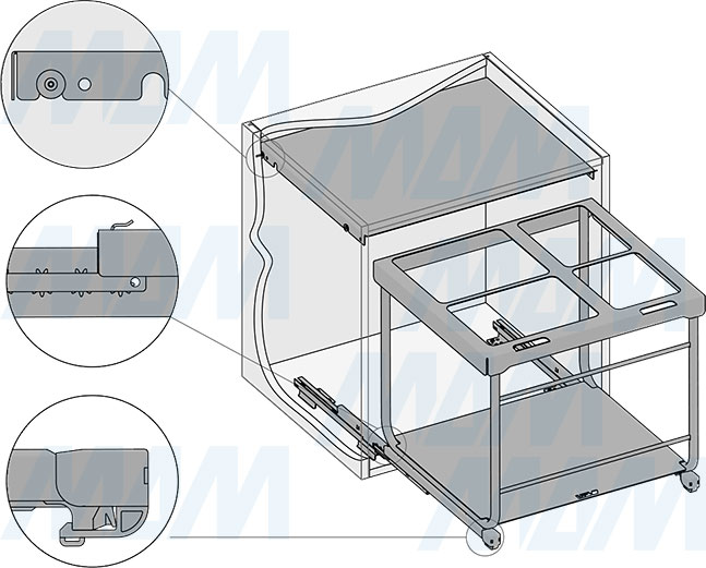 Установка системы KOMBI 2.0 M60W для фасадов шириной от 600 мм с 4 ведрами с крышкой-полкой для сортировки и хранения (артикул KOMBI2GME604SCGMRF), схема 4