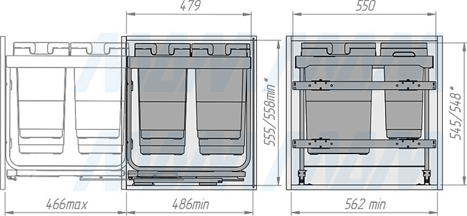 Установка системы KOMBI 2.0 M60W для фасадов шириной от 600 мм с 4 ведрами для сортировки и хранения (артикул KOMBI2GME604SCGM), схема 2