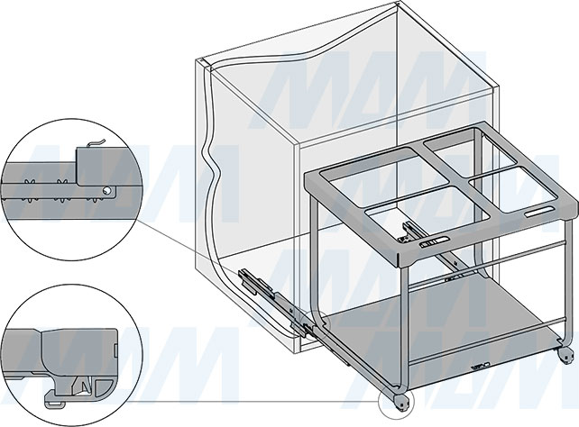 Установка системы KOMBI 2.0 M60W для фасадов шириной от 600 мм с 4 ведрами для сортировки и хранения (артикул KOMBI2GME604SCGM), схема 4