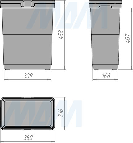 Размеры квадратного ведро SINGLE с ручками, 30 л, высота 460 мм (артикул LA30)