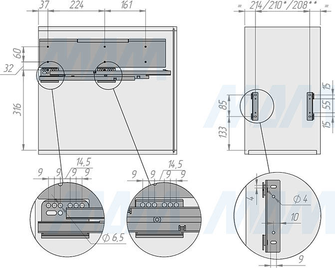 Установка системы PROBOX F30 для сортировки и хранения, 1 емкость (25 л), для фасадов шириной 300 мм (артикул MBN301-25DGMID), схема 1