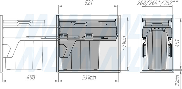 Установка системы PROBOX F30 для сортировки и хранения, 1 емкость (25 л), для фасадов шириной 300 мм (артикул MBN301-25DGMID), схема 2