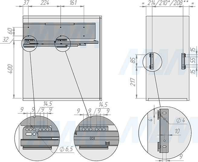 Установка системы PROBOX F30 для сортировки и хранения, 1 емкость (29 л), для фасадов шириной 300 мм (артикул MBN301-29DGMID), схема 1