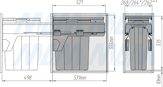 Установка системы PROBOX F30 для сортировки и хранения, 1 емкость (29 л), для фасадов шириной 300 мм (артикул MBN301-29DGMID), схема 2