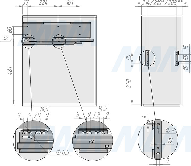 Установка системы PROBOX F30 для сортировки и хранения, 1 емкость (32 л), для фасадов шириной 300 мм (артикул MBN301-32DGMID), схема 1