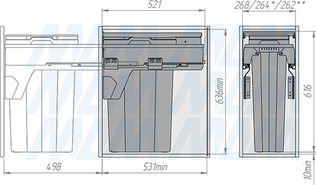 Установка системы PROBOX F30 для сортировки и хранения, 1 емкость (32 л), для фасадов шириной 300 мм (артикул MBN301-32DGMID), схема 2