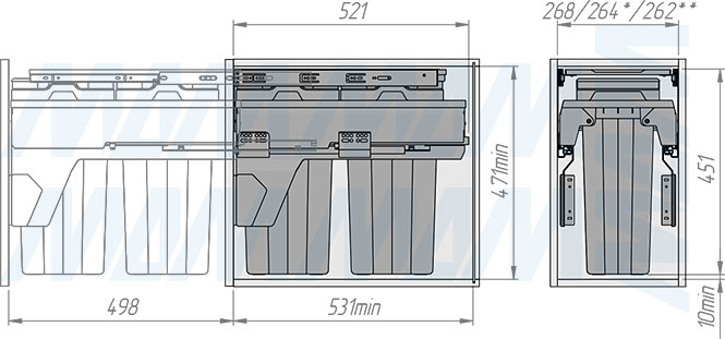 Установка системы PROBOX MAX F30 для сортировки и хранения, 2 емкости (2x13 л), для фасадов шириной 300 мм (артикул MBN302-26DGMAX), схема 2
