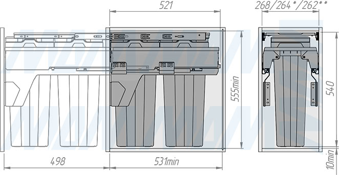 Установка системы PROBOX MAX F30 для сортировки и хранения, 2 емкости (2x15 л), для фасадов шириной 300 мм (артикул MBN302-30DGMAX), схема 2