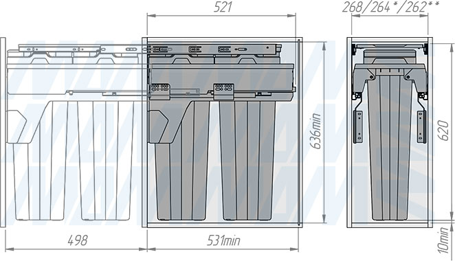 Установка системы PROBOX MAX F30 для сортировки и хранения, 2 емкости (2x16 л), для фасадов шириной 300 мм (артикул MBN302-32DGMAX), схема 2