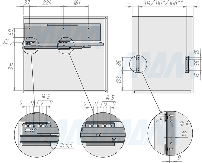 Установка системы PROBOX F40 для сортировки и хранения, 2 емкости (2x24 л), для фасадов шириной 400 мм (артикул MBN402-48DGMID), схема 1