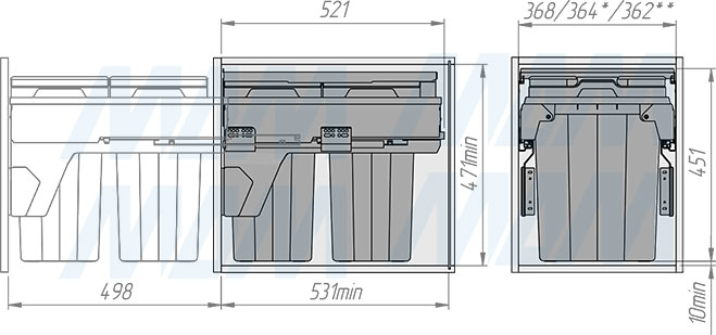 Установка системы PROBOX F40 для сортировки и хранения, 2 емкости (2x24 л), для фасадов шириной 400 мм (артикул MBN402-48DGMID), схема 2