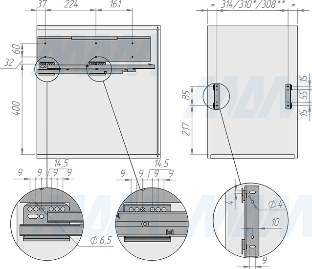 Установка системы PROBOX F40 для сортировки и хранения, 2 емкости (2x27 л), для фасадов шириной 400 мм (артикул MBN402-54DGMID), схема 1