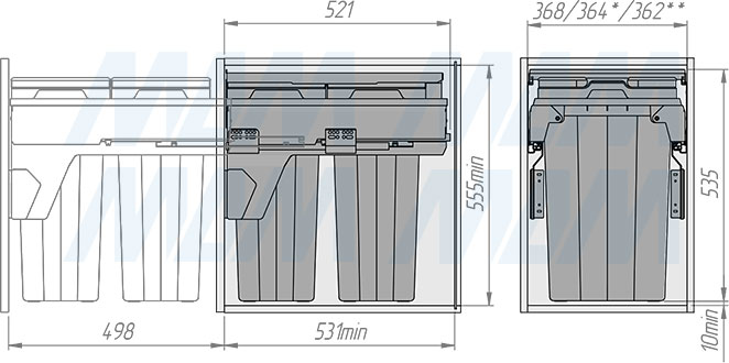 Установка системы PROBOX F40 для сортировки и хранения, 2 емкости (2x27 л), для фасадов шириной 400 мм (артикул MBN402-54DGMID), схема 2