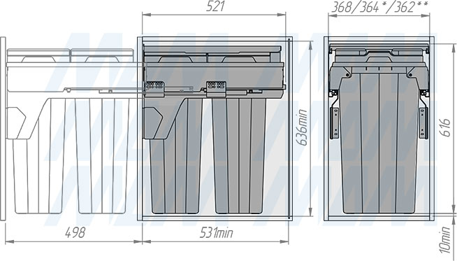 Установка системы PROBOX F40 для сортировки и хранения, 2 емкости (2x31 л), для фасадов шириной 400 мм (артикул MBN402-62DGMID), схема 2