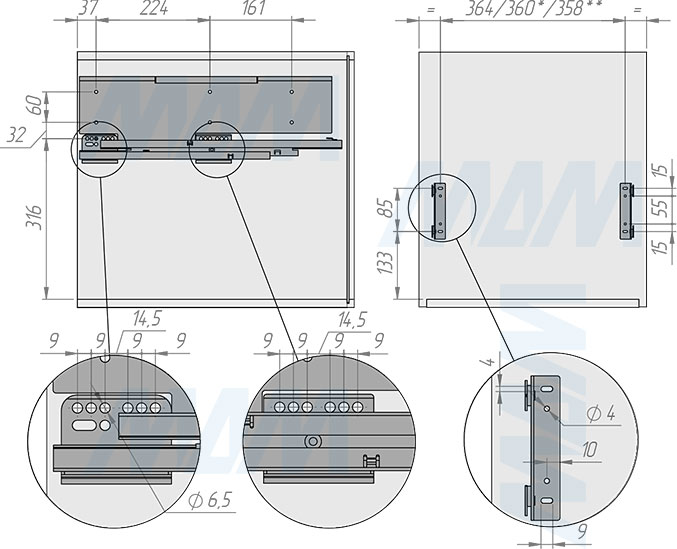Установка системы PROBOX F45 для сортировки и хранения, 2 емкости (2x28 л), для фасадов шириной 450 мм (артикул MBN452-56DGMID), схема 1