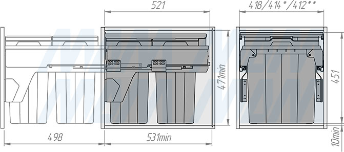 Установка системы PROBOX F45 для сортировки и хранения, 2 емкости (2x28 л), для фасадов шириной 450 мм (артикул MBN452-56DGMID), схема 2