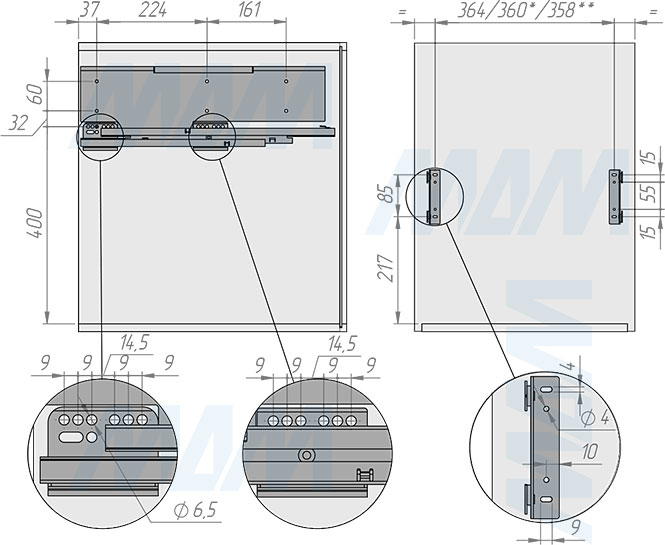 Установка системы PROBOX F45 для сортировки и хранения, 2 емкости (2x33 л), для фасадов шириной 450 мм (артикул MBN452-66DGMID), схема 1