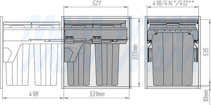 Установка системы PROBOX F45 для сортировки и хранения, 2 емкости (2x33 л), для фасадов шириной 450 мм (артикул MBN452-66DGMID), схема 2