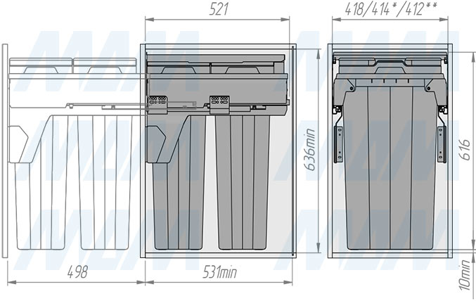 Установка системы PROBOX F45 для сортировки и хранения, 2 емкости (2x37 л), для фасадов шириной 450 мм (артикул MBN452-74DGMID), схема 2