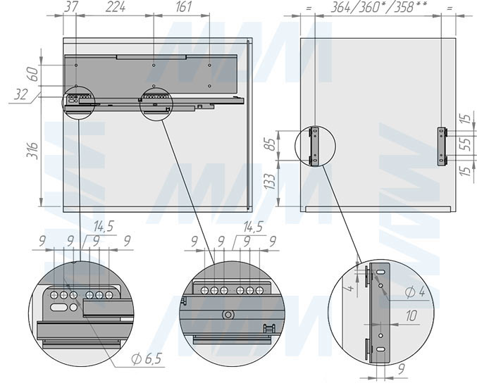 Установка системы PROBOX F45 для сортировки и хранения, 3 емкости (2x13+1x28 л), для фасадов шириной 450 мм (артикул MBN453-54DGMID), схема 1