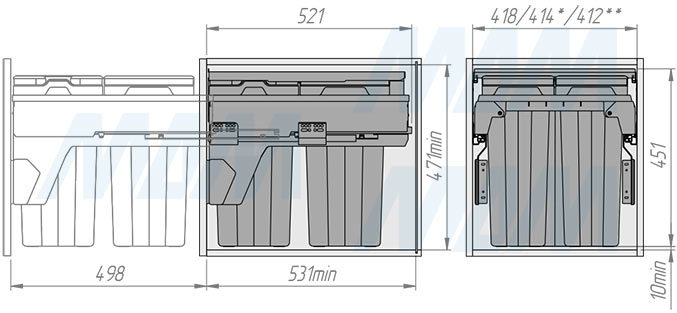 Установка системы PROBOX F45 для сортировки и хранения, 3 емкости (2x13+1x28 л), для фасадов шириной 450 мм (артикул MBN453-54DGMID), схема 2