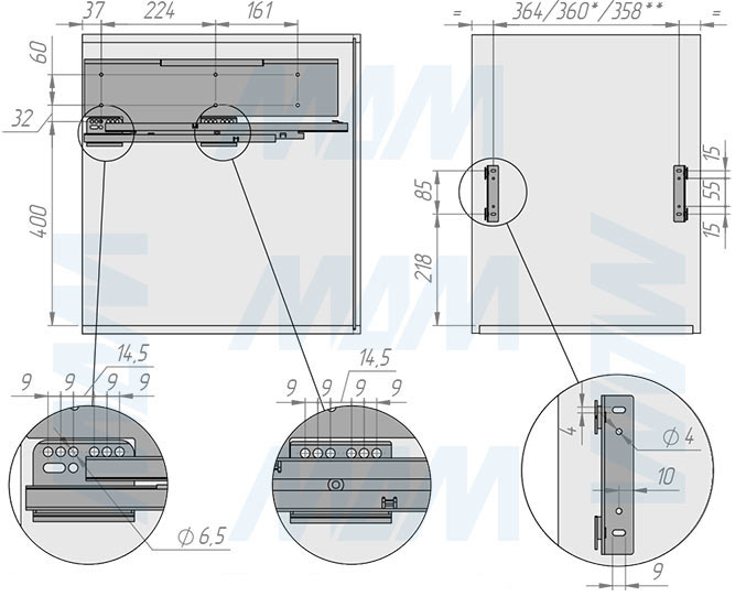 Установка системы PROBOX F45 для сортировки и хранения, 3 емкости (2x15+1x33 л), для фасадов шириной 450 мм (артикул MBN453-63DGMID), схема 1