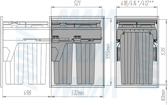 Установка системы PROBOX F45 для сортировки и хранения, 3 емкости (2x15+1x33 л), для фасадов шириной 450 мм (артикул MBN453-63DGMID), схема 2