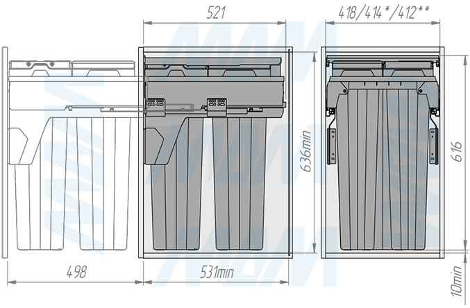 Установка системы PROBOX F45 для сортировки и хранения, 3 емкости (2x16+37 л), для фасадов шириной 450 мм (артикул MBN453-69DGMID), схема 2