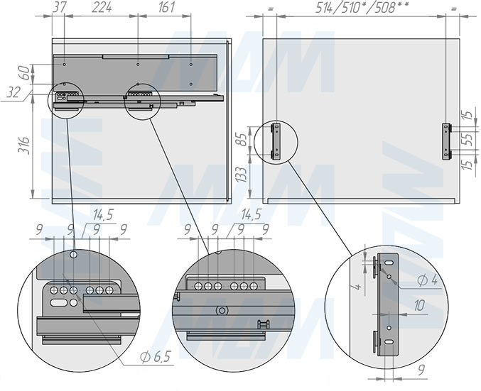 Установка системы PROBOX F60 для сортировки и хранения, 2 емкости (2x28 л), для фасадов шириной 600 мм (артикул MBN452-66DGMID), схема 1
