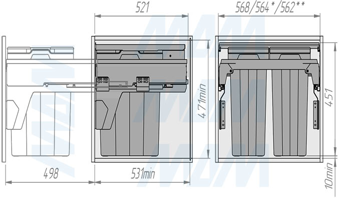 Установка системы PROBOX F60 для сортировки и хранения, 2 емкости (2x28 л), для фасадов шириной 600 мм (артикул MBN452-66DGMID), схема 2