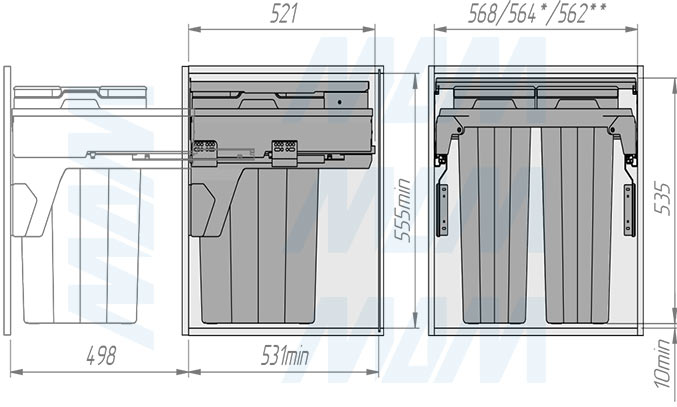 Установка системы PROBOX F60 для сортировки и хранения, 2 емкости (2x33 л), для фасадов шириной 600 мм (артикул MBN452-66DGMID), схема 2