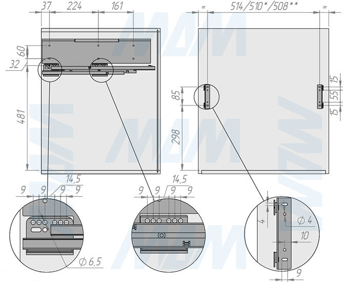 Установка системы PROBOX F60 для сортировки и хранения, 2 емкости (2x37 л), для фасадов шириной 600 мм (артикул MBN602-74DGMID), схема 1