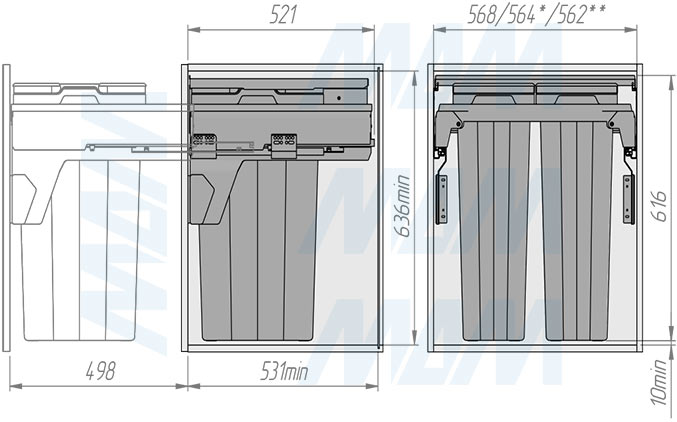 Установка системы PROBOX F60 для сортировки и хранения, 2 емкости (2x37 л), для фасадов шириной 600 мм (артикул MBN602-74DGMID), схема 2