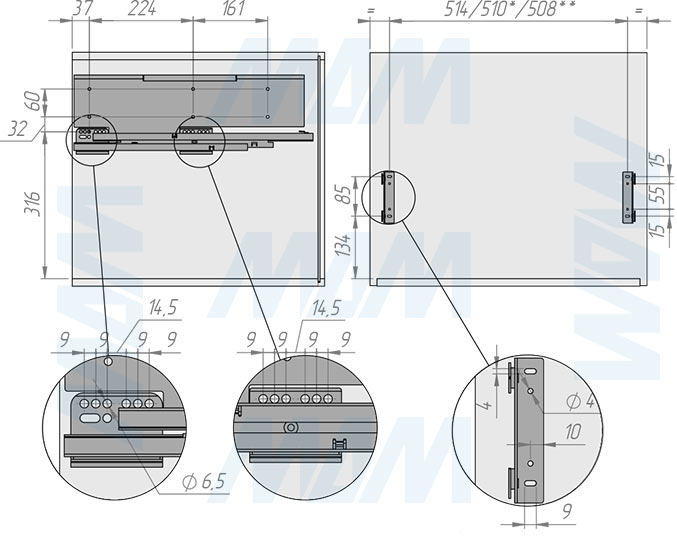 Установка системы PROBOX F60 для сортировки и хранения, 3 емкости (2x13+28 л), для фасадов шириной 600 мм (артикул MBN603-54DGMID), схема 1