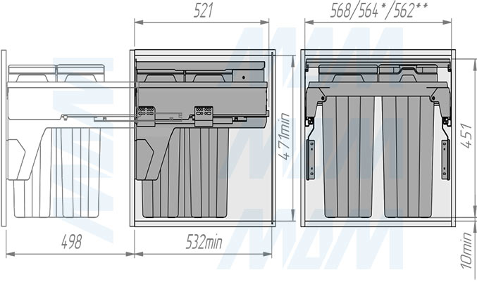 Установка системы PROBOX F60 для сортировки и хранения, 3 емкости (2x13+28 л), для фасадов шириной 600 мм (артикул MBN603-54DGMID), схема 2