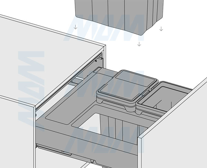 Установка системы PROBOX F60 для сортировки и хранения, 3 емкости (2x13+28 л), для фасадов шириной 600 мм (артикул MBN603-54DGMID), схема 9