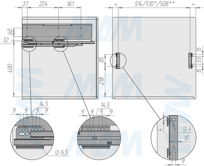 Установка системы PROBOX F60 для сортировки и хранения, 3 емкости (2x15+33 л), для фасадов шириной 600 мм (артикул MBN603-63DGMID), схема 1