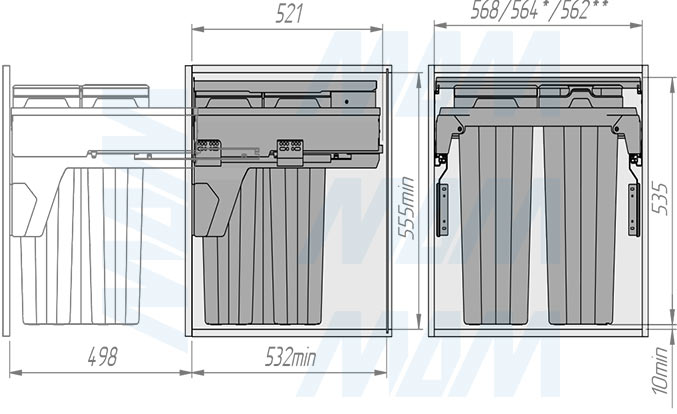 Установка системы PROBOX F60 для сортировки и хранения, 3 емкости (2x15+33 л), для фасадов шириной 600 мм (артикул MBN603-63DGMID), схема 2