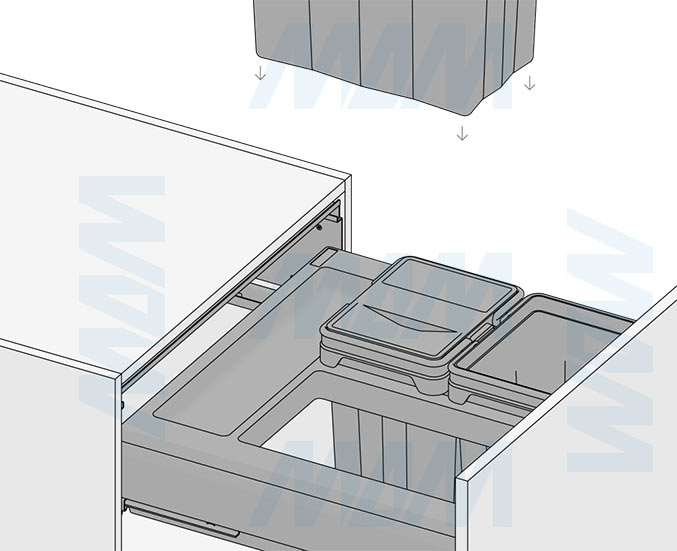 Установка системы PROBOX F60 для сортировки и хранения, 3 емкости (2x15+33 л), для фасадов шириной 600 мм (артикул MBN603-63DGMID), схема 9